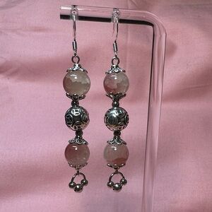 Hand Crafted 925 Silver Hooks with Pink and Silver Earrings
